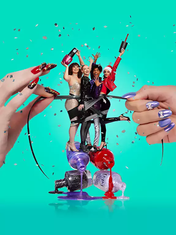 Four miniature women hold OPI products while standing on huge nail polishes bottles, giant hands at their sides