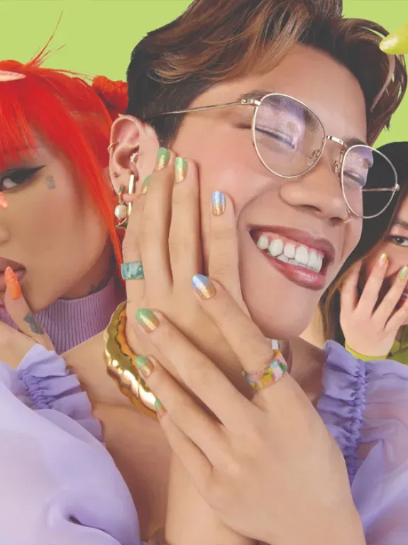 Three models present nails painted with OPI nail polishes against a light green background