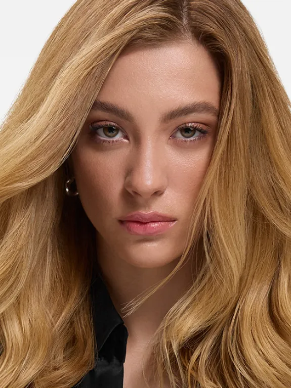 Close-up image of model with blonde hair