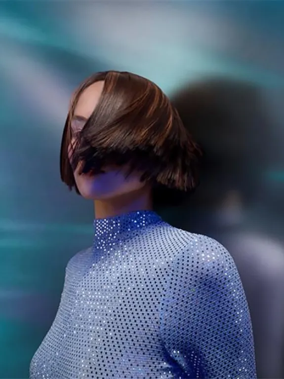 A model with dark, short hair that partially obscures her face, set against a surreal backdrop of vibrant, swirling colors that create an otherworldly atmosphere.