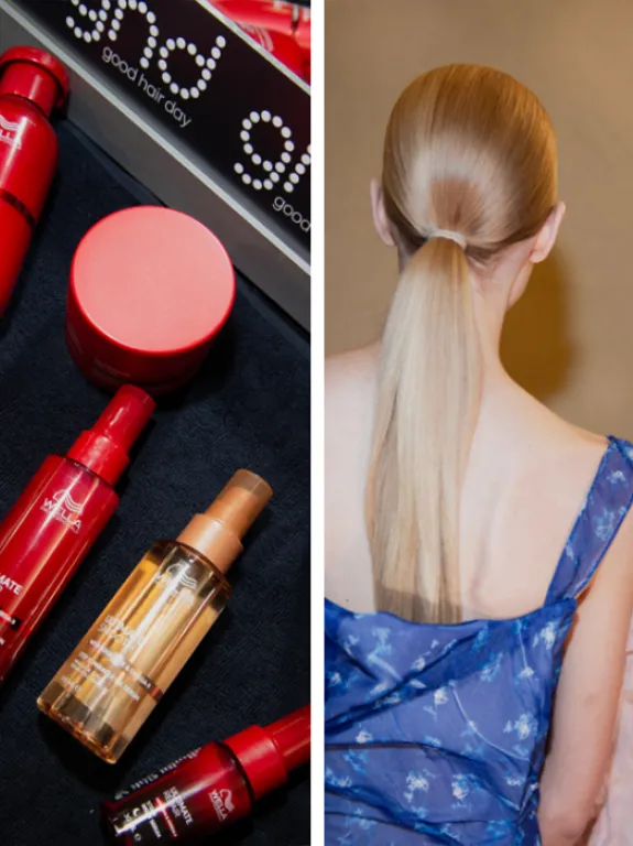 Snapshots from the Victoria Beckham SS26 event, two featuring a posing models, one with a set of Wella Professionals and ghd