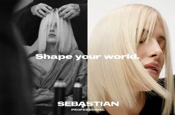 Collage with a styling photo shoot, a blonde model and the text in the middle "Shape Your World".