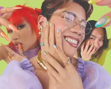 Three models present nails painted with OPI nail polishes against a light green background