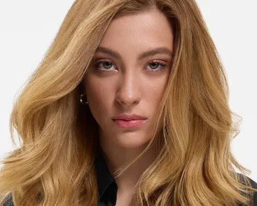 Close-up image of model with blonde hair