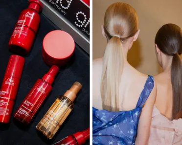 Snapshots from the Victoria Beckham SS26 event, two featuring a posing models, one with a set of Wella Professionals and ghd